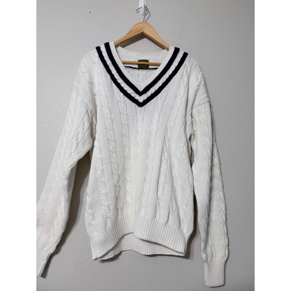 Evergreen Knitwear Mens XL White Cable Knit Cricket Tennis Sweater Cotton Preppy